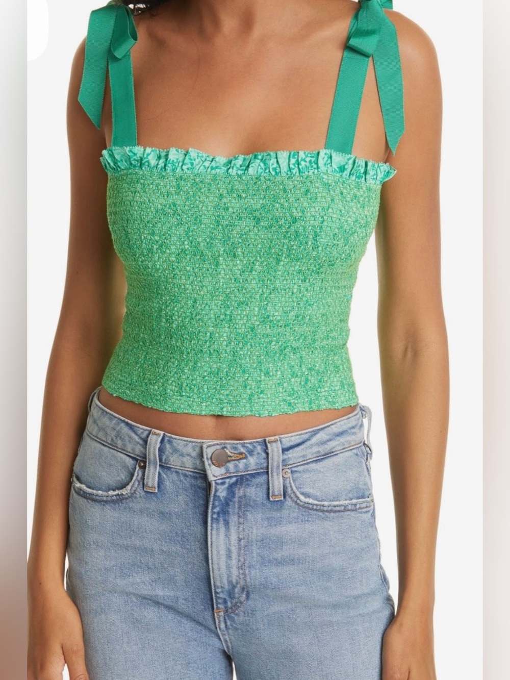 Alice + Olivia Green Textured Tie-Shoulder Crop Top